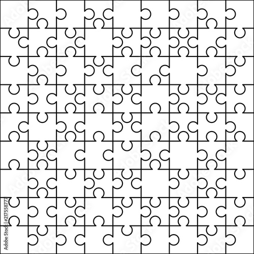 81 white puzzles pieces arranged in a square. Jigsaw Puzzle template ready for print. Cutting guidelines on white