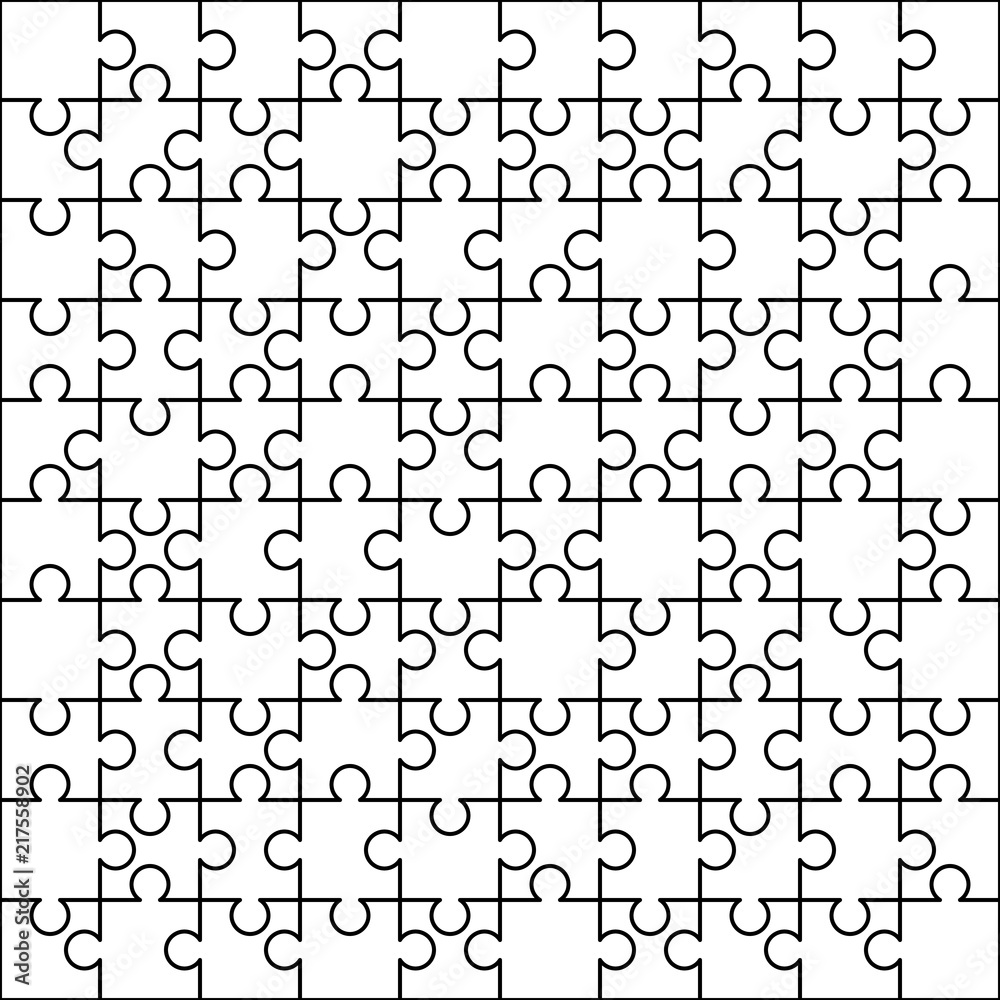 100 white puzzles pieces arranged in a square. Jigsaw Puzzle template ready for print. Cutting guidelines on white 100 white puzzles pieces arranged in a square. Jigsaw Puzzle template ready for print. Cutting guidelines on white