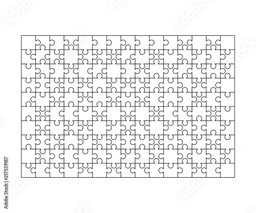 150 white puzzles pieces arranged in a rectangle shape. Jigsaw Puzzle template ready for print. Cutting guidelines on white