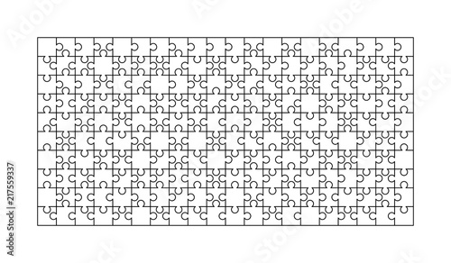200 white puzzles pieces arranged in a rectangle shape. Jigsaw Puzzle template ready for print. Cutting guidelines on white