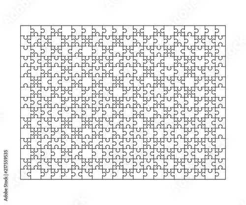 300 white puzzles pieces arranged in a rectangle shape. Jigsaw Puzzle template ready for print. Cutting guidelines on white