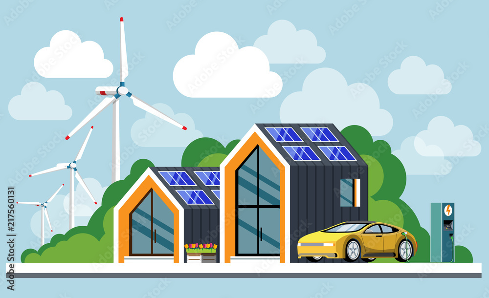 Energy saving house. Ecological house. Green energy an eco friendly modern house. Solar, wind, geothermal power. Parked car near the ecological house. Flat style. Flat design. Vector illustration Energy saving house. Ecological house. Green energy an eco friendly modern house. Solar, wind, geothermal power. Parked car near the ecological house. Flat style. Flat design. Vector illustration