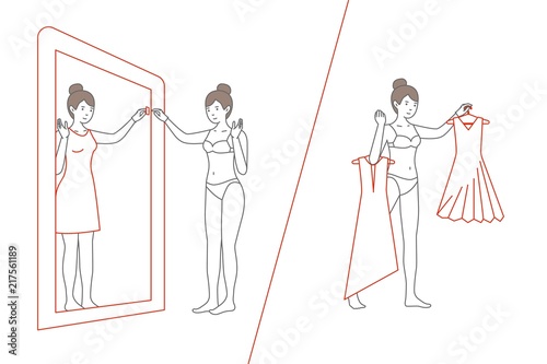 Woman standing and looking in mirror. Flat style vector illustration.