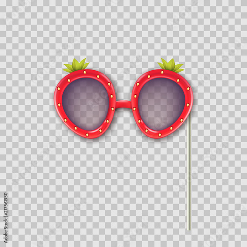 Vector realistic 3d illustration of photo booth props strawberry glasses. Object isolated on transparent background. Summer funky photo design element weddings, birthdays, and celebrations.