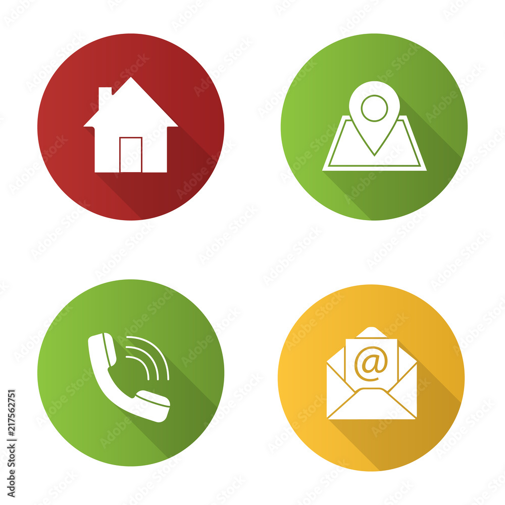 Information center flat design long shadow glyph icons set