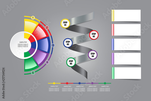 Modern infographic labels as a circle and colorful semicircle around ready for your text. For your text you can also use another rectangles, timeline and metal spiral with process steps.   