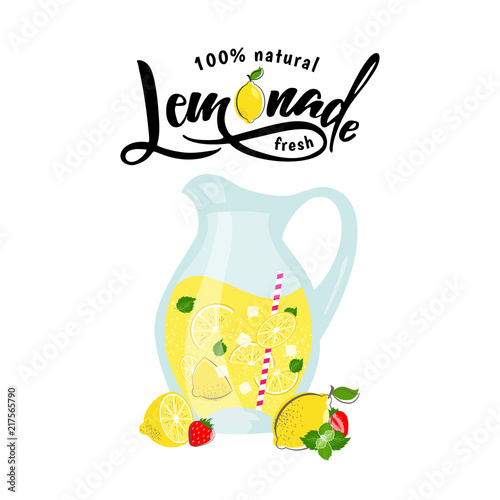 lemonade and summer fruits in pitcher with lemon
