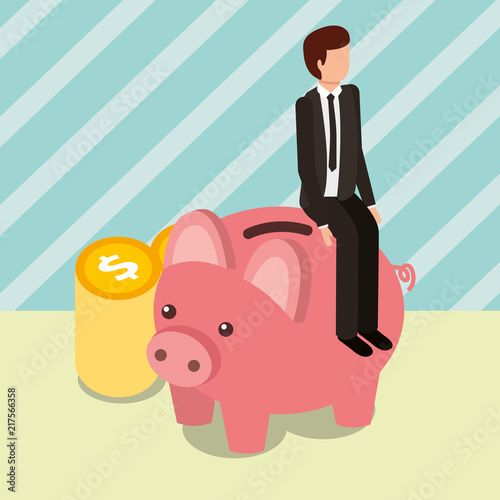businessman sit on piggy bank and pile coins money vector illustration isometric