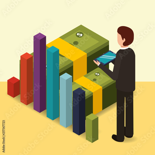 businessman with mobile chart business and banknotes money vector illustration isometric