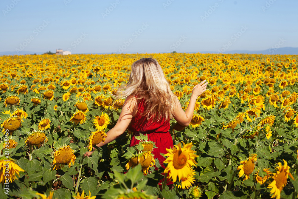 happy woman in summer sunflower field enjoying life, natural beauty happy woman in summer sunflower field enjoying life, natural beauty