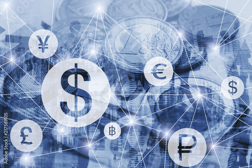 money exchange concept, symbols of different foreign currencies connected on virtual network interface, dollar, euro and pound