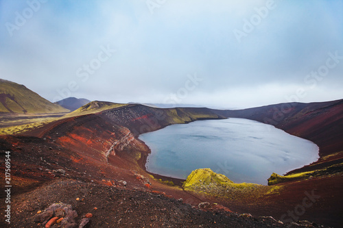 moon landscape with red crater in Iceland, Ljotipollur Lake in volcanic mountains of Landmannalaugar, beautiful scenic nature of highlands
