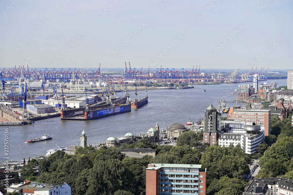 Elbe mit Hafengebiet, Blick vom Michel, Michaelis-Kirche, auf Hansestadt Hamburg, Deutschland, Europa
