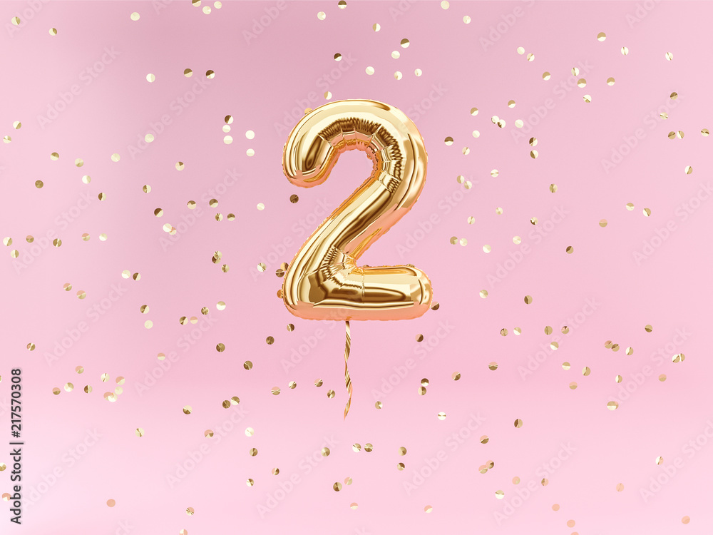 Two year birthday. Number 2 flying foil balloon and confetti. Two-year anniversary background. - obrazy, fototapety, plakaty 