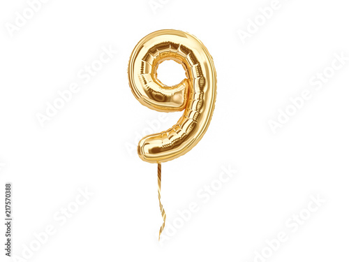 Numeral 9. Foil balloon number nine isolated on white background