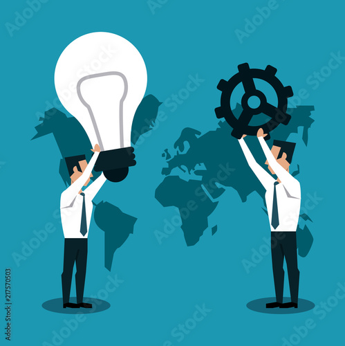 Businessmens holding gear and bulb over world map vector illustration graphic design