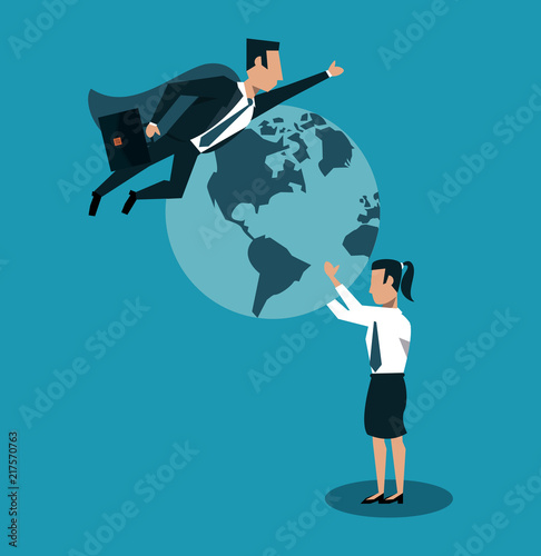Businessman flying around world and businesswoman holding it vector illustration graphic design © Jemastock
