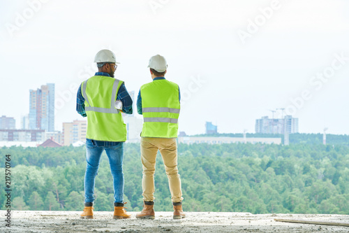 Back view of two men in hardhats and waistcoats standing on construction site and admiring view of modern city