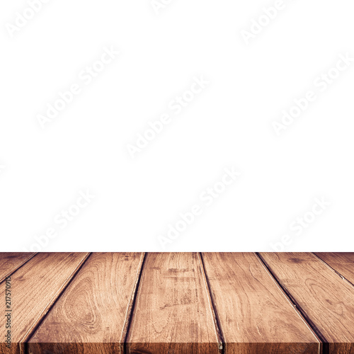 Empty wooden table top on isolated white, Template mock up for display of product.
