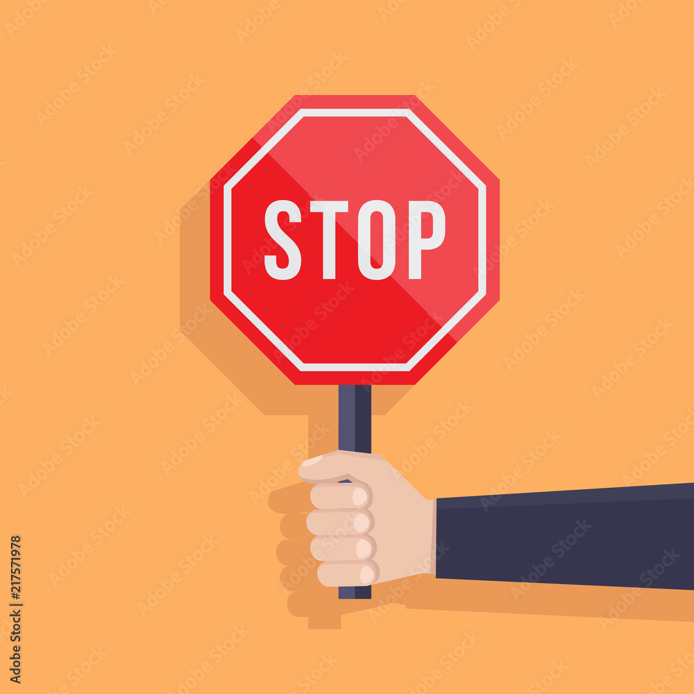 Stop sign illustration flat, hand hold stop sign, flat design vector illustration