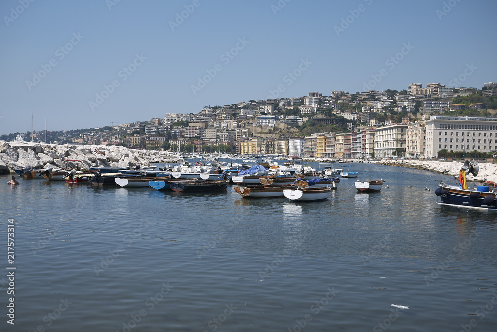 Naples, Italy - July 25, 2018 : Fishermen boats at Mergellina beach