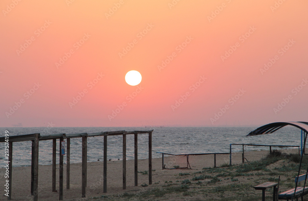 Beautiful Dawn on the well-equipped beach of the Sea of Azov Beautiful Dawn on the well-equipped beach of the Sea of Azov