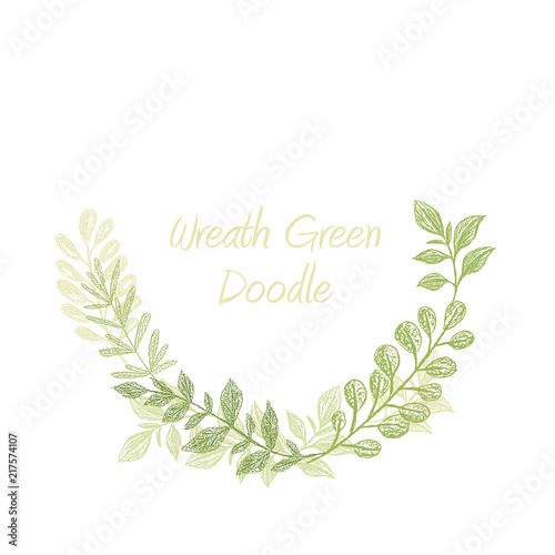 Greenery doodle semicircle wreath isolated on white background. Green floral hand drawn frame. Leaf border  card template