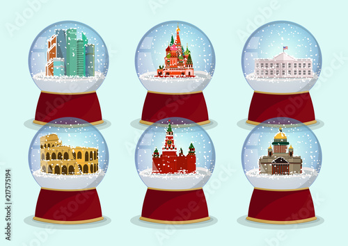 Vector Christmas Glass globe with the falling snow and architectural tourist attractions in it. St. Isaac's Cathedral, St. Basils Cathedral, Kremlin and Moscow-City .Moscow