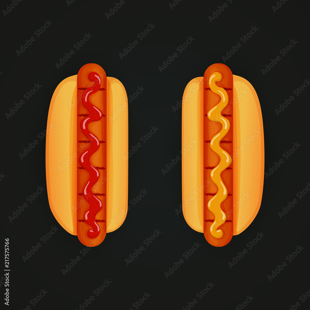 Grilled hot dogs with ketchup and mustard. Top view. Fast food icon.