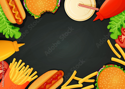 Fast food poster, banner, menu template. Burgers, hot dogs, ketchup, mustard, french fries, drink, lettuce and tomato slices on a dark background.