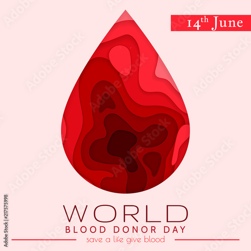 World blood donor day card June 14. Awareness vector banner with red paper cut blood heart. Hemophilia day paper craft poster