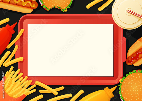 Fast food poster, banner, menu template. Tray with burgers, hot dogs, ketchup, mustard, french fries and drink on a dark background.