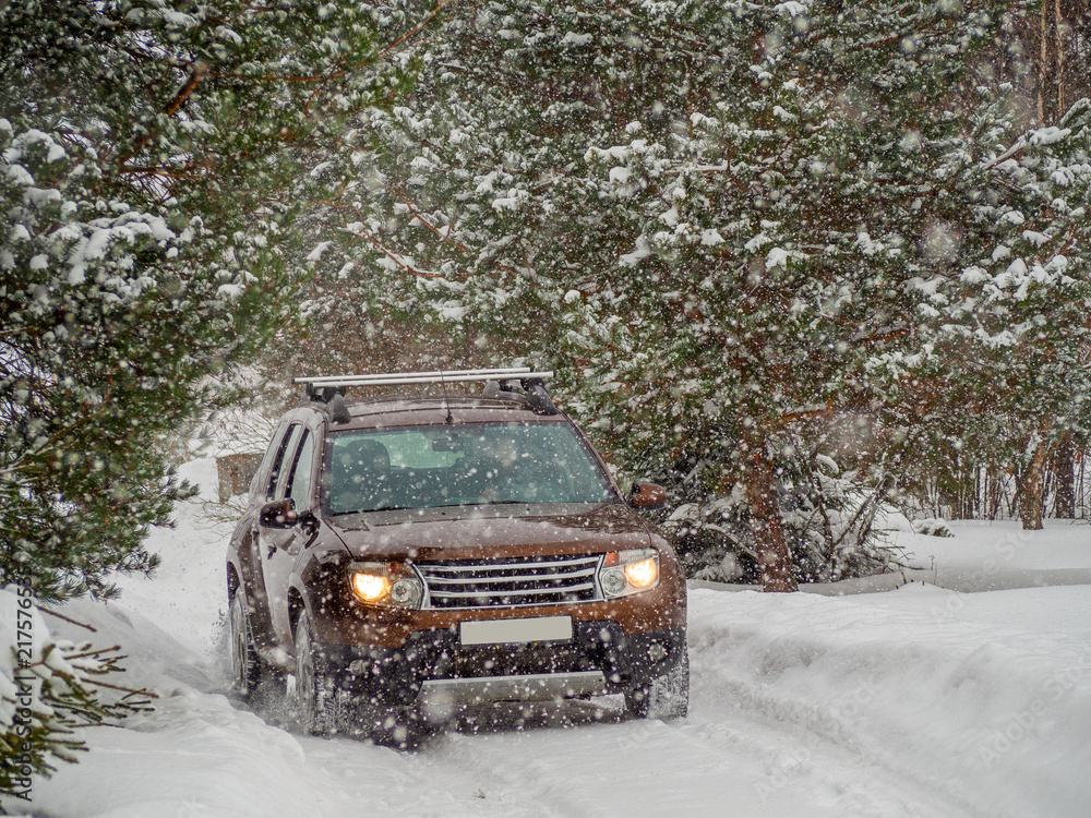 Travel by car through the forest in the snowfall Travel by car through the forest in the snowfall