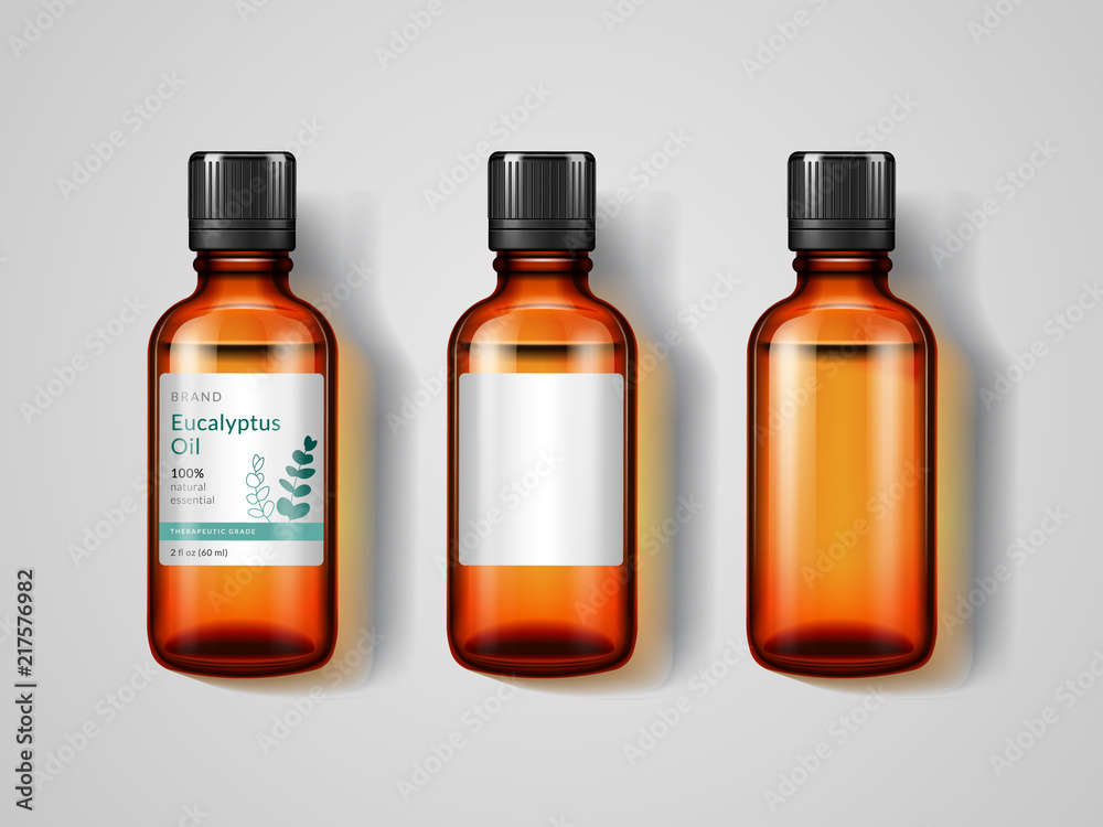 Set of isolated glassware bottles with eucalyptus oil. Jar with labels for pharmaceutical and medical advertising or ads, tin with perfume extract or antiseptic, inhalant. Medicine and health theme