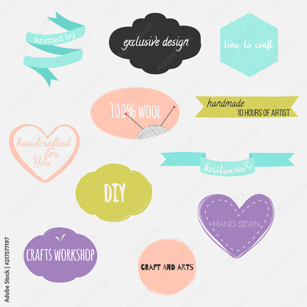 Hand drawn vector various design elements for labels, tags or stamps and badges.Set of hand drawn shapes in different colors with various lettering. Hearts, banners, circles and ribbons etc.