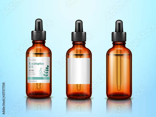 3d eucalyptus essential oil bottles with pipette. Set of realistic eucalypti extract glassware containers with medical dropper or pipet for drugstore advertising. Druggist and herb theme