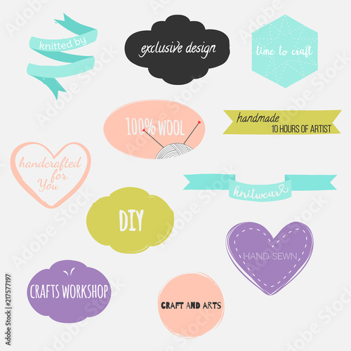 Hand drawn vector various design elements for labels, tags or stamps and badges.Set of hand drawn shapes in different colors with various lettering. Hearts, banners, circles and ribbons etc.