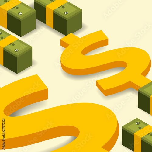 business bank stacked banknotes and dollar money isometric vector illustration