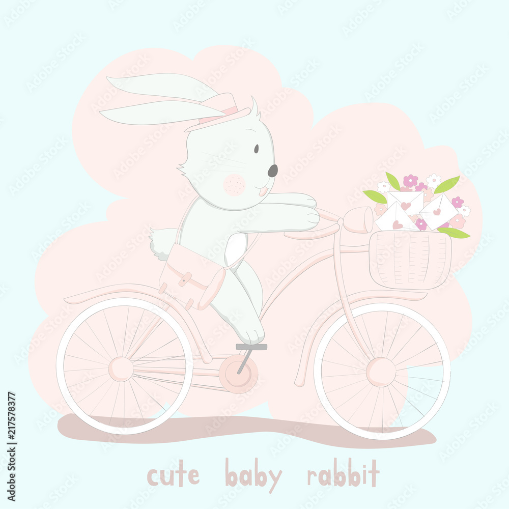 Fototapeta premium The cute baby rabbit on pink bicycle. Hand drawn cartoon style