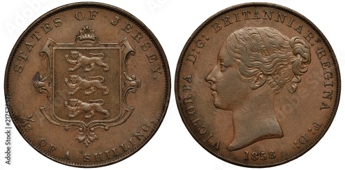 Jersey coin 1/13 one thirteenth 1858, shield with lions in center, face value below, younger head of Queen Victoria left, 