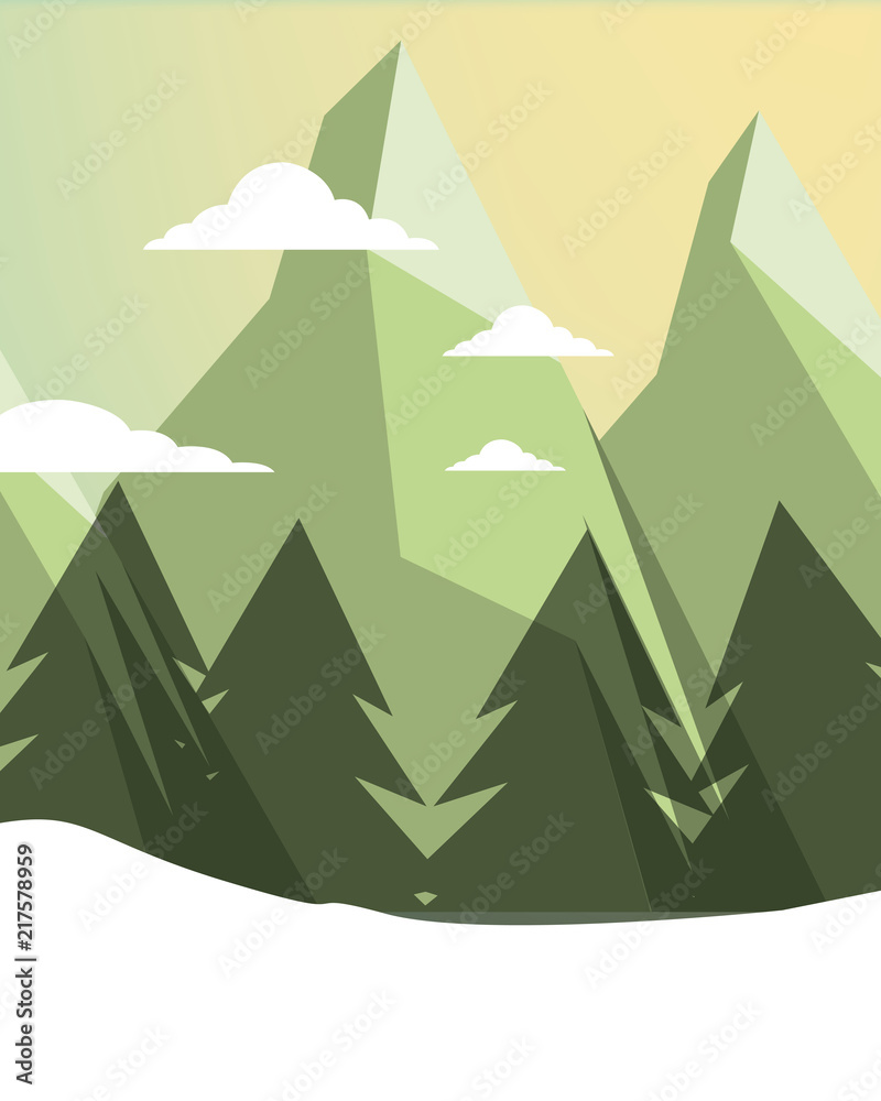 green wood mountains clouds vector illustration