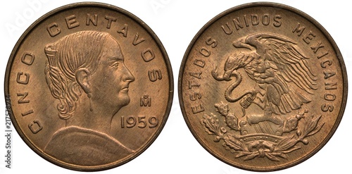 Mexico Mexican coin 5 five centavo 1959, bust of Josefa Dominguez right, eagle on cactus catching snake,  photo