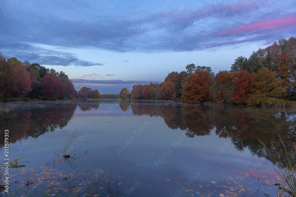 Obraz premium Pink clouds over autumn colored trees at the pond