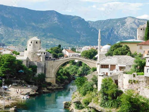 Panorama of Mostar Old Town on holiday day, Bosnia and Herzegovina