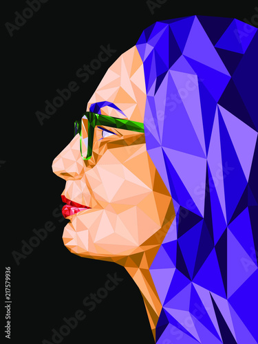 Low poly abstract portrait in profile of a woman wearing glasses. Polygonal. Vector illustration