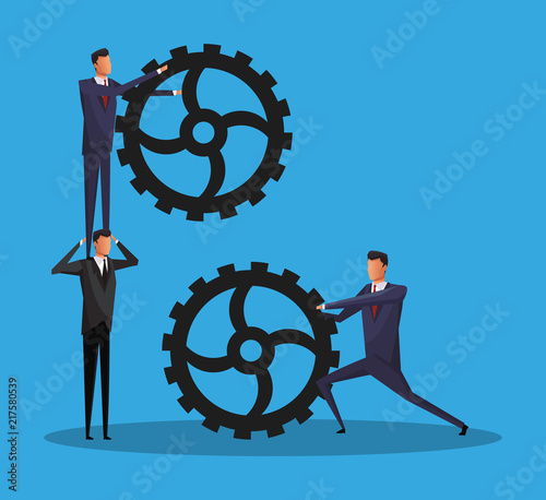 Businessmens pushing and working with gears vector illustration graphic design