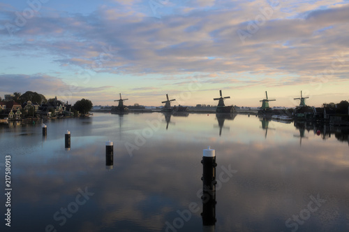 View of the Zaanse mills in the dawn