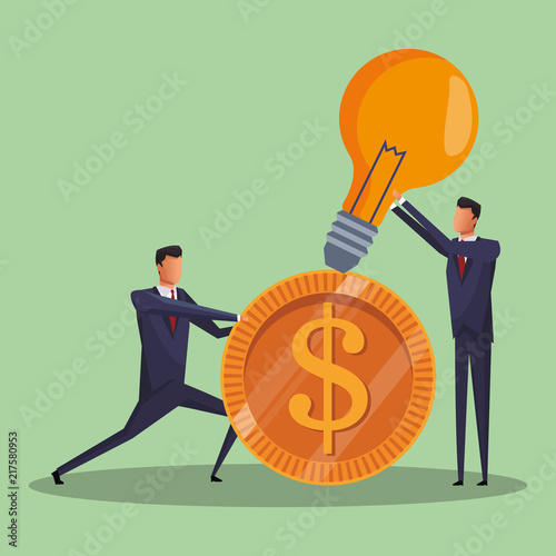 Businessman pushing coin and worker holding bulb vector illustration graphic design