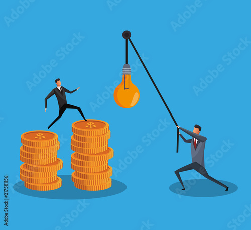 Businessman pulling bulb with rope and businessman with coins stacked vector illustration graphic design