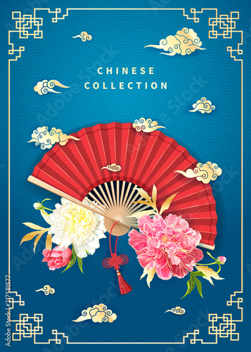 Oriental background with light yellow and pink peonies flowers, decorative golden chinese clouds and red fan